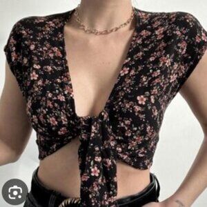 American Eagle Outfitters Black Dainty Floral Tie Front Cropped Wrap Top